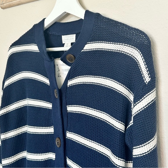 Caslon 100% Pima Cotton knit Button Cardigan Navy & White - Picture 3 of 10